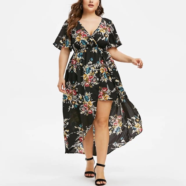 TIMIFIS Robe d'Été Boho Décontractée pour Femme à Imprimé Floral, Col en V, Manches Courtes, Plage, Taille Haute, Longue Maxi