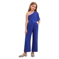 thumbnail image 3 of Sinleey Girls Ruffled Sequins Jumpsuit One Shoulder Wide Leg Long Pants Romper Wedding Prom Playsuit Royal Blue 8, 3 of 7