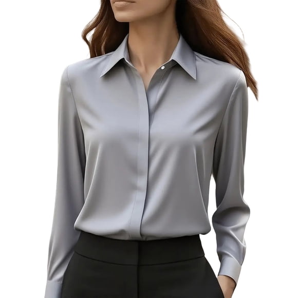 Breezora Womens Long Sleeve Button Down Shirt Wrinkle Free Formal Dress Blouse Satin Like Finish Comfortable Office Wear Top S Size Grey