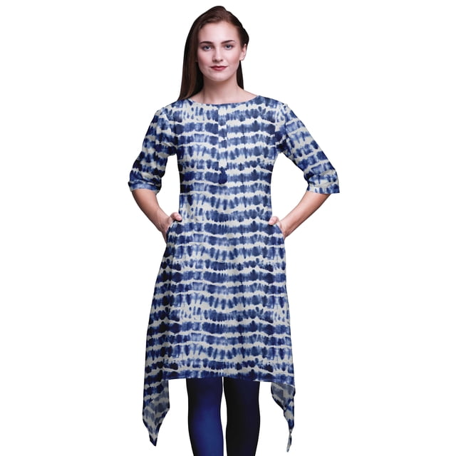 Bimba Kurti Asymétrique Imprimée Shibori à Vague Bleue pour Femmes, Robe d'Été Indienne Tunique, XX-Grand