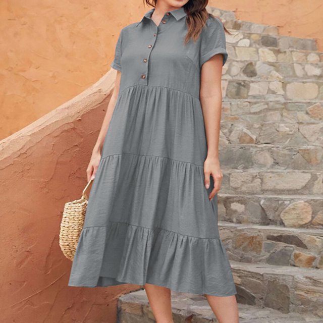 Robes pour Femmes 2024 Été Surdimensionnée Décontractée Aguichant Col Rond Uni Manches Courtes Robe à Boutons Rabais de 50 % Liquidation!