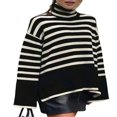 thumbnail image 1 of Women‘s Mock neck Sweaters Casual Long Sleeves Striped Print Color Block/Solid Color Side Split Loose Fit Knitted Tops, 1 of 5