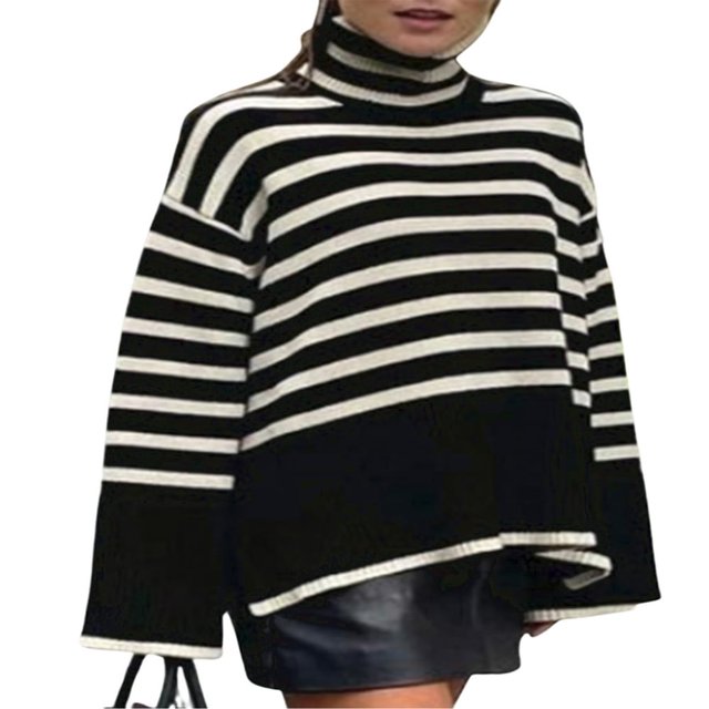 Women‘s Mock neck Sweaters Casual Long Sleeves Striped Print Color Block/Solid Color Side Split Loose Fit Knitted Tops