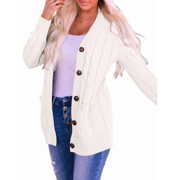Women'S Fall Long Sleeve Cable Knit Sweater Open Front Cardigan Button Loose Outerwear Cream White XL