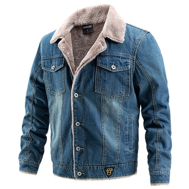 IROINNID Mens Denim Jacket On Sale Loose Winter Mid-length Lamb Velvet Jacket Plus Velvet Warm Coat,Dark Blue