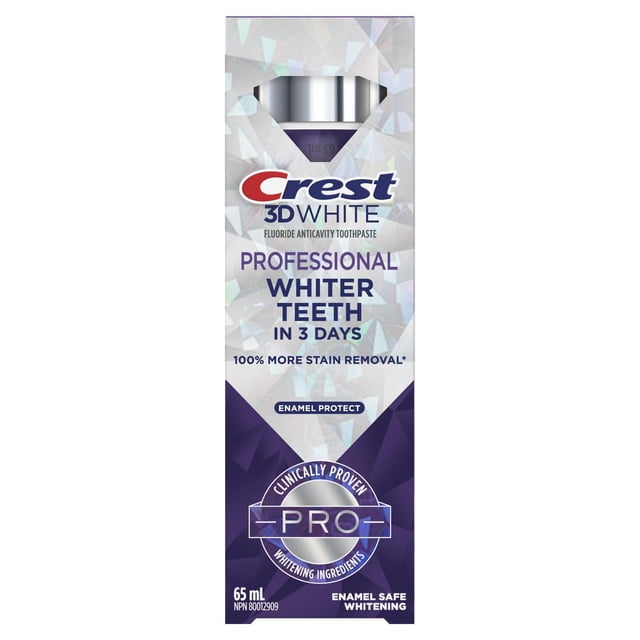 Crest 3D White Professional Enamel Protect Toothpaste 65 mL tube with fluoride anticavity formula, clinically proven whitening ingredients for whiter teeth in 3 days, enamel safe whitening, and up to 100% stain removal.