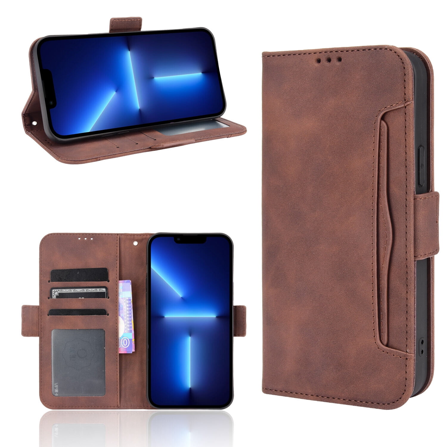 For Asus Rog Phone 6 Multi Card Slots Leather Phone Case Flip Stand Cover-Brown