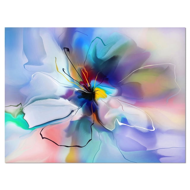 Designart Abstract Creative Blue Flower Canvas Wall Art with a centered abstract floral design in blue, purple, and pastel tones on premium cotton canvas, gallery-wrapped with the design extending on the sides, arriving ready to hang with included hardware.