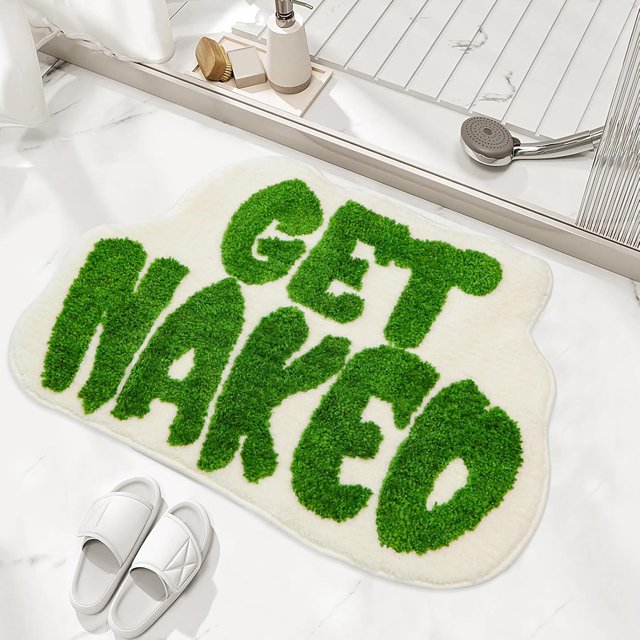 Get Naked Bath Mat White and Green Bath Rug, Cute Bathroom Rugs, Irregular Non-Slip Shower Floor Mats Super Soft Floor Mats, Funny Bathroom Decor (White)