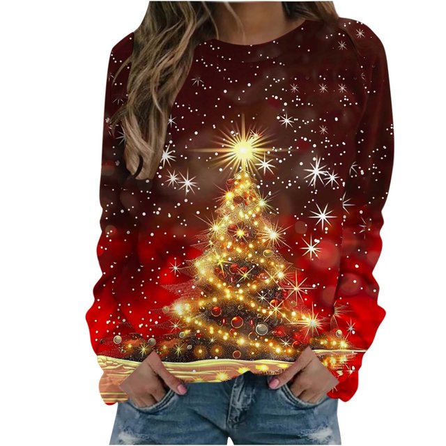 UPPADA Christmas Chandails pour Femmes à Imprimé d'Arbre de Noël, Manches Longues, Chandails à Enfiler, Hauts d'Automne Confortables, Chandail à Col Rond de Noël, Chandails jusqu'à 40 % de Rabais
