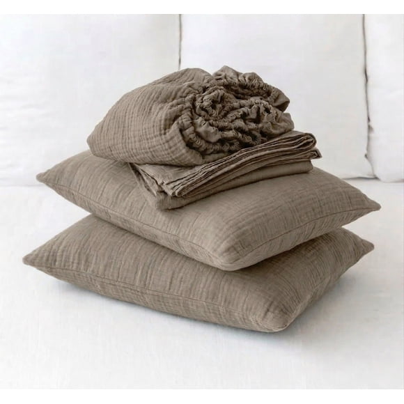 Q VITA Ensemble de Draps en Mousseline de Coton, Grand Lit, Literie 4 Pcs pour Adultes – Couleur Champignon, Lavé aux Enzymes, Poche Profonde de 14 Pouces, Certifié OEKO-TEX, Conçu au Canada