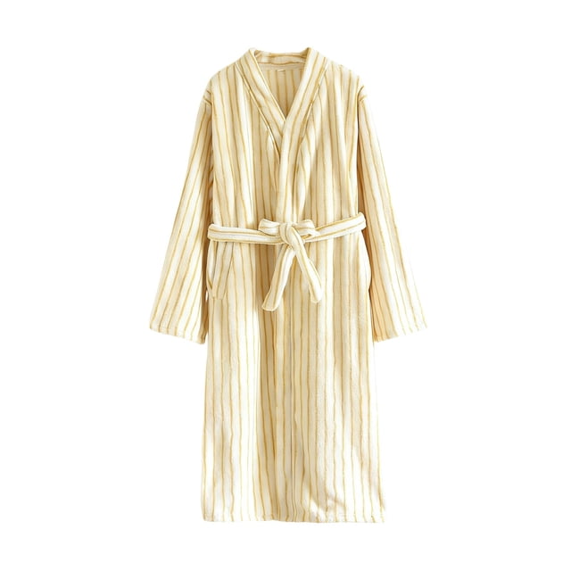 HAiming Robe en Molleton Duveteuse Rayée d'Hiver Chaude à Manches Longues à Col en V Douce et Confortable avec Ceinture à la Taille
