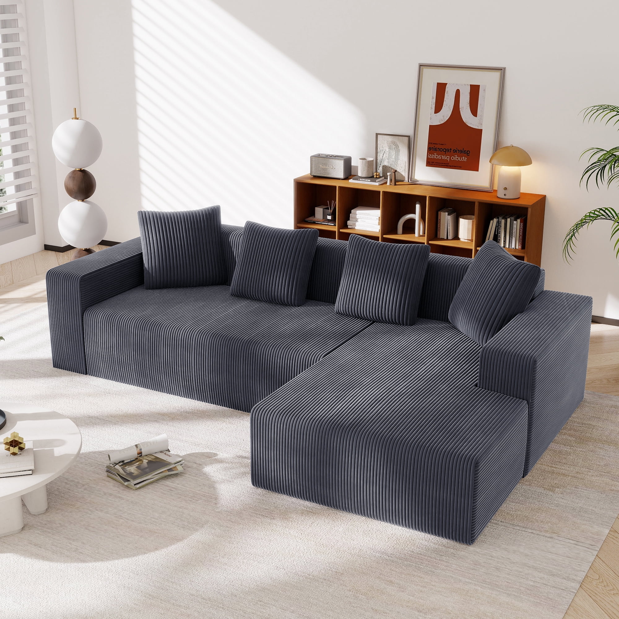 Fully compressed boneless sofa, cloud combination sofa with L-shaped chaise longue, modern modular sofa with deep seats, pillow sofa for living room and bedroom