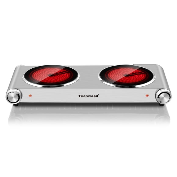 Techwood 1800W Double Burner Electric Cooktop,Infrared Ceramic Hot Plates for Fast Heating, Easy to Clean,Silver