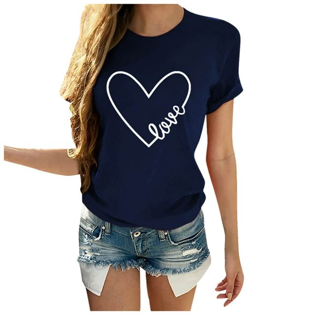 T-shirt Décontracté à Manches Courtes Col Rond Imprimé Lettre en Forme de Cœur pour Femmes pour la Saint-Valentin
