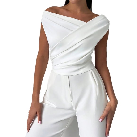 Off Shoulder Wrap Top Women Sleeveless Elegant Blouse Slim Fit Ruched Stretchy Tops Sexy Dressy Party Shirt