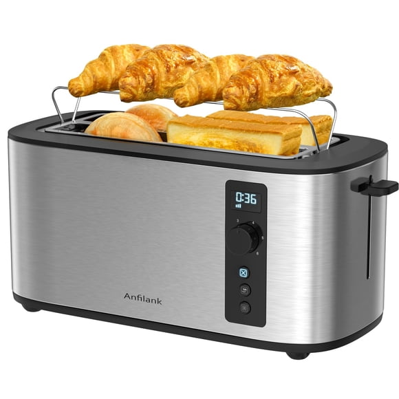 Anfilank Long Slot 4 Slice Toaster, Countdown Timer, 6 Browning Settings, Cancel/Bagel/Defrost Functions, Built-in Warming Rack, Removable Crumb Tray, Extra-Wide Long Slo