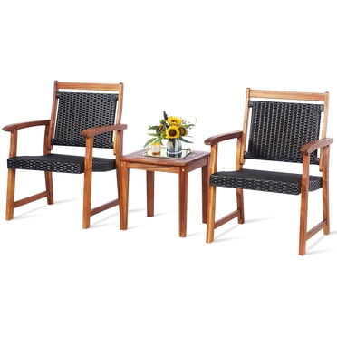 Patiojoy Ensemble Bistro en Rotin pour Patio 3 Pcs Ensemble de Table et Chaises d'Extérieur en Bois d'Acacia