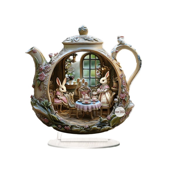 Tea Party Decorations,Bunny Teapot Scene Acrylic Desktop, Two-Dimensional Family Party Holiday Decoration Ornament