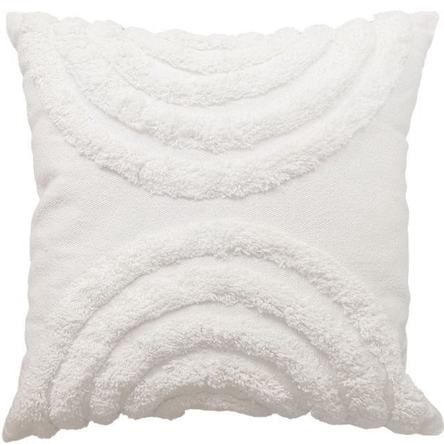 hometrends Sonic White Decorative Cushion with textured, abstract embroidered arcs in warm white on an 18 by 18 inch cotton cover, suitable for adding cozy comfort and style to living spaces or as soft support for reading and relaxing.