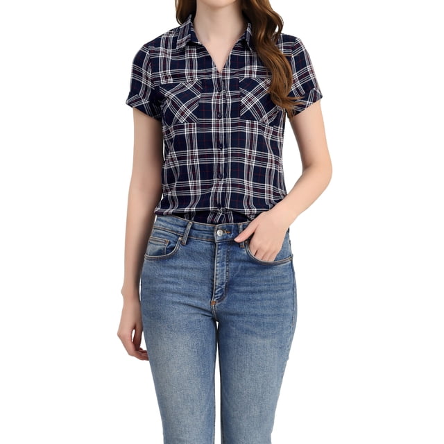 INSPIRE CHIC Chemises à Carreaux pour Femmes Col en Pointe Boutonnées Blouses de Rentrée Bleu Foncé L