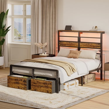 Pinmoco Full Bed Frame with 15.7'' Large Under Bed Storage and 2 Drawers, Metal Platform Bed with High LED Storage Headboard and Charging Station, Height Adjustable, Rustic