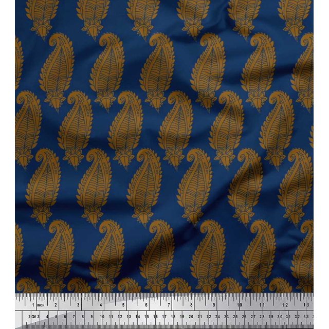 Soimoi Blue polyester Crepe Fabric Brown Paisley Decor Fabric Printed Yard 52 Inch Wide