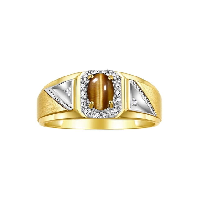 RYLOS Men's Rings Yellow Gold Plated Silver Classic 7X5MM Oval Gemstone & Diamond Ring Tiger Eye November Birthstone Rings For Men Size 11