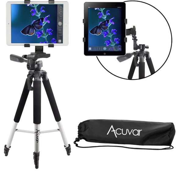 Acuvar Pro Series Trépied en Aluminium de 57 Pieds avec Support pour Tablette pour iPad et la Plupart des Tablettes, Tête de Panoramique 3 Voies, 1 Unité