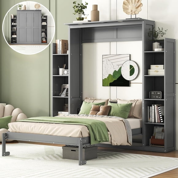 Full Size Murphy Bed with Storage Shelves and LED Lights, Easy Fold Wood Wall Bed Frame, Cabinet Full Storage Bed for Guest Room Home Office, Gray