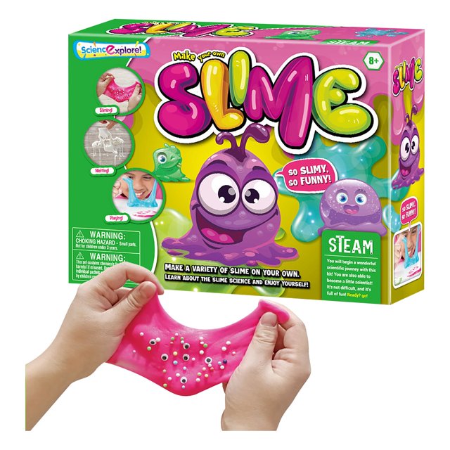 Slimy Sparkle Fairy Slime Super Soft Butter Slime set by Moonsky, featuring a multicolour DIY crystal mud kit for kids aged 5-12. The kit includes plasticine tools, glitter powder, and sequins for creative and sensory exploration. The packaging highlights its STEAM educational value, promoting hands-on learning and science experiments. The image shows a vibrant box with a playful slime character and hands stretching pink slime with embedded beads.