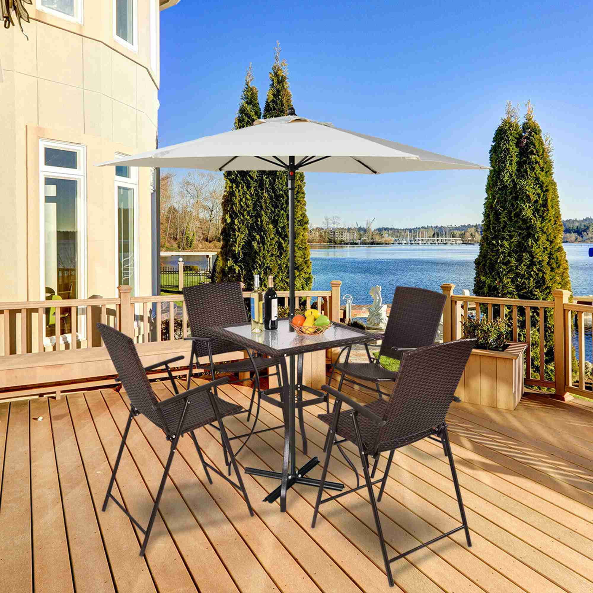 Costway 5Pcs Rattan Patio Furniture Set 4 Bar Stool Folding Chair Bar Table W/ Glass Top