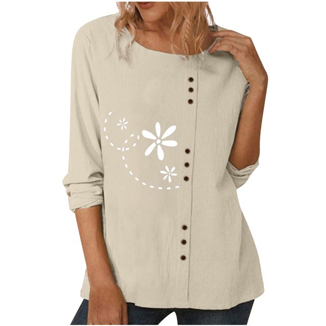IROINID Rabais T-Shirts à Manches Longues pour Femmes Décontracté Col Rond Blouse Imprimée T-Shirt Hauts à Boutons, Jaune