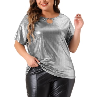 Agnes Orinda Haut Grande Taille pour Femmes Trou de Serrure Métallique Col Rond Manches Courtes T-Shirt Blouses de Fête Tee Tops 1X Argent