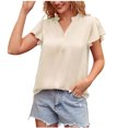 thumbnail image 1 of Women's V Neck Blouse Short Ruffle Sleeve Ladies Work Shirts Solid Color Casual Comfy Summer Tops Office Blouses Tunics, 1 of 5