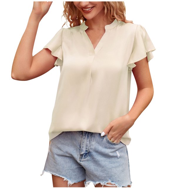 Women's V Neck Blouse Short Ruffle Sleeve Ladies Work Shirts Solid Color Casual Comfy Summer Tops Office Blouses Tunics