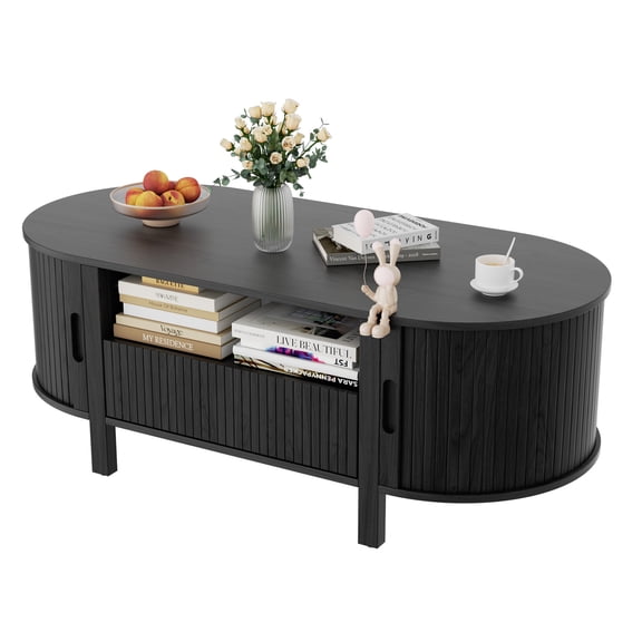 MARNUR Table Basse avec Rangement et Porte Coulissante à Tambour, Table Centrale Milieu du Siècle Moderne avec Tiroir pour Salon, Noir