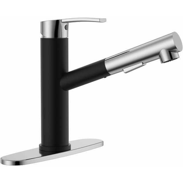 APPASO Modern Kitchen Faucet with Pull Out Sprayer, single-handle stainless steel design with brushed nickel, matte black, and polished chrome finish. Features include a 360-degree swivel spout, pull-out sprayer, and deck plate for easy installation. Ideal for kitchen renovation projects, RVs, and bar sinks.