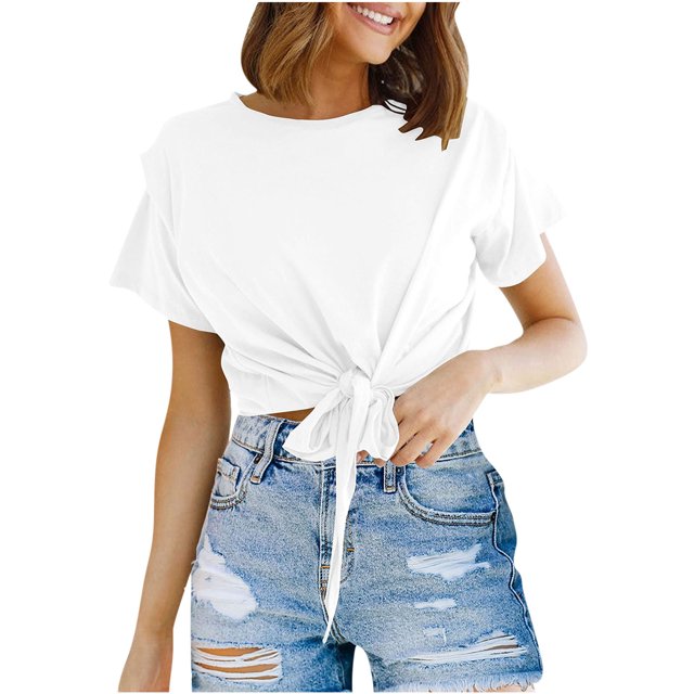 Hauts d'Été pour Femmes Col Rond Basiques Couleur Unie Manches Courtes T-shirt Blouse Habillée