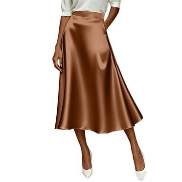Npasoilc Satin Midi Half Skirt for Women High Waisted A-Line Pull-On Flowy Ruffled Skirts