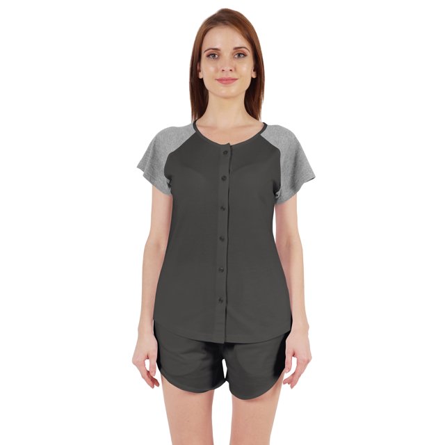 Inkmeso Solid 2 Pc Nightwear Set For Women Raglan Sleeves Button-Down Top & Shorts Sleepwear-61