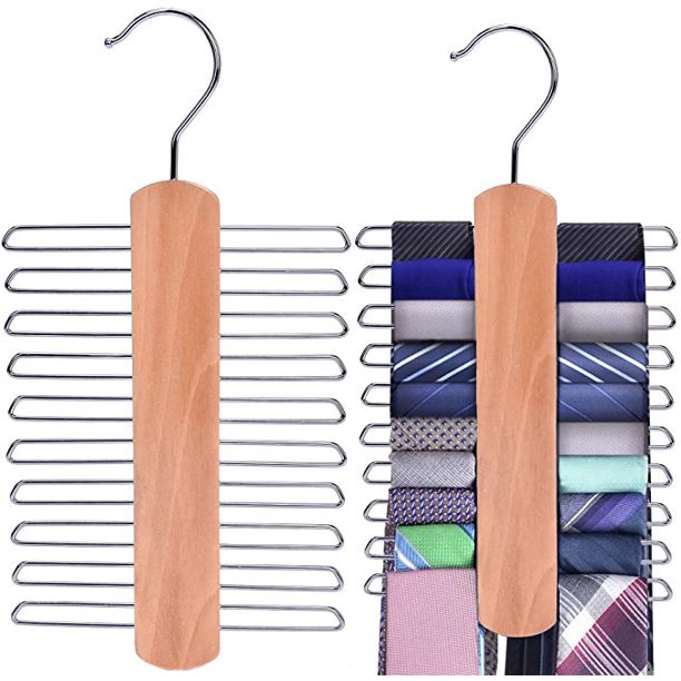 Wooden Necktie and Belt Hanger 2-Pack, Natural Finish Wood Center Organizer and Storage Rack with a Non-Slip Clips