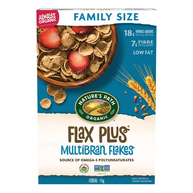 Nature's Path Organic Flax Plus Multibran Flakes Cereal family size box with a wooden bowl of crunchy organic multibran flakes topped with sliced strawberries, highlighting 18g whole grains, 7g fibre, and low fat per 44g serving, with wheat stalks and grains on a blue background, ideal for a nutritious breakfast rich in omega-3 polyunsaturates.