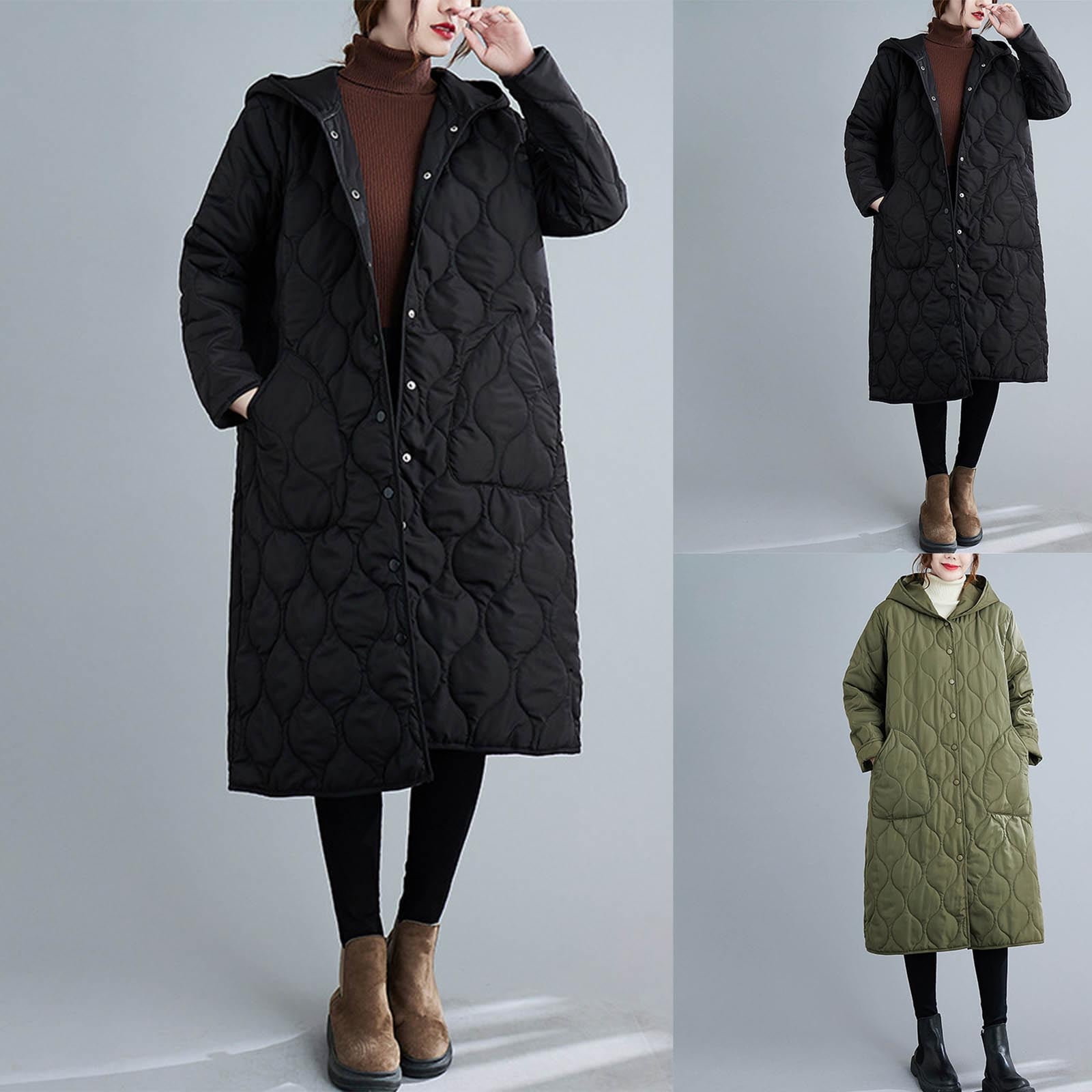 UPPADA Women's Faux Fur Hooded Parka Fleece Lined Quilted Jackets Lightweight Mid Length Winter Coats Long Puffer Coats with Pockets,Puffer Jacket Womens Quilted Black,XXL