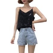 Coofit Women Camisole Fashion All-match V Neck Sequin Tank Top Spaghetti Strap Vest
