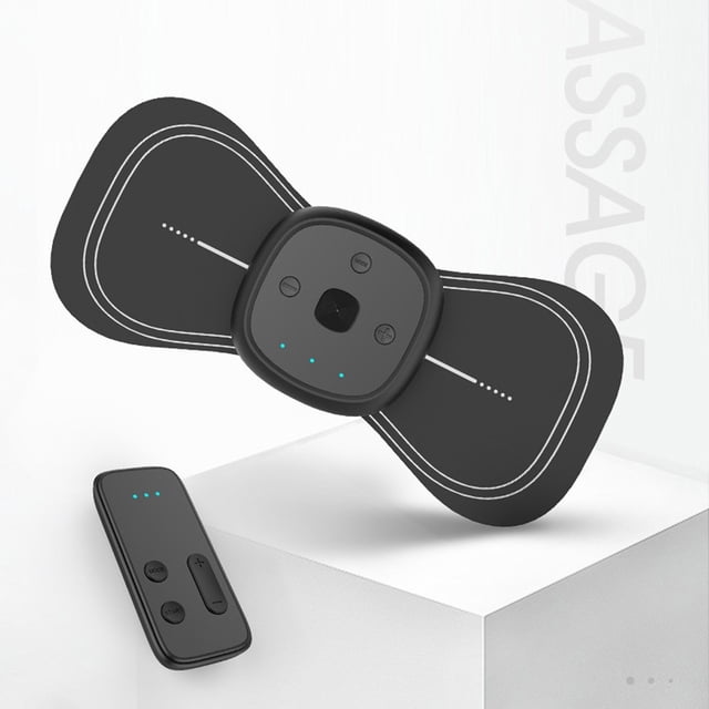 EGNMCR Charging Wireless Remote Control Cervical Vertebra Massage Stick Mini Massage Stick Cervical Vertebra Cervical Vertebra Stick Massage apparatus. The image displays a sleek black electric cervical massager with a bow-shaped design and a central control panel featuring buttons and LED indicators. A wireless remote control with simple buttons is included for ease of use. This portable device offers six massage techniques, a 15-minute auto shut-off for safety, and USB charging. It is suitable for relieving muscle tension in the neck, shoulders, lower back, and legs. Made of ABS material, it measures 7 x 2.8 x 15.5 cm. The product is showcased on a white pedestal with a clean, minimalistic background.