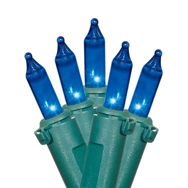 Five blue incandescent mini Christmas lights with green wire bases, part of a 100-count set for holiday decoration.