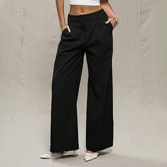 Pisexur Women's Business Straight Leg Dress Pants Elastic Waist Zipper Closure Work Trousers with Pockets Black,S