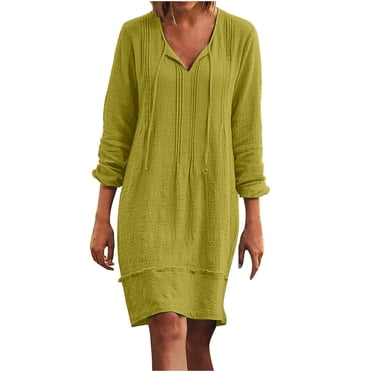 DPTALR Robe Femme en Coton et Lin à Col en V Ample à Manches Trois Quarts Unie Longueur Genou