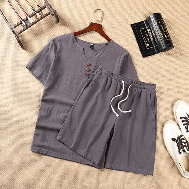 Weiqiqre Men's 2 Piece Outfits Linen Set Short Sleeve Shirt Top and Drawstring Waist Vacation Short Sets